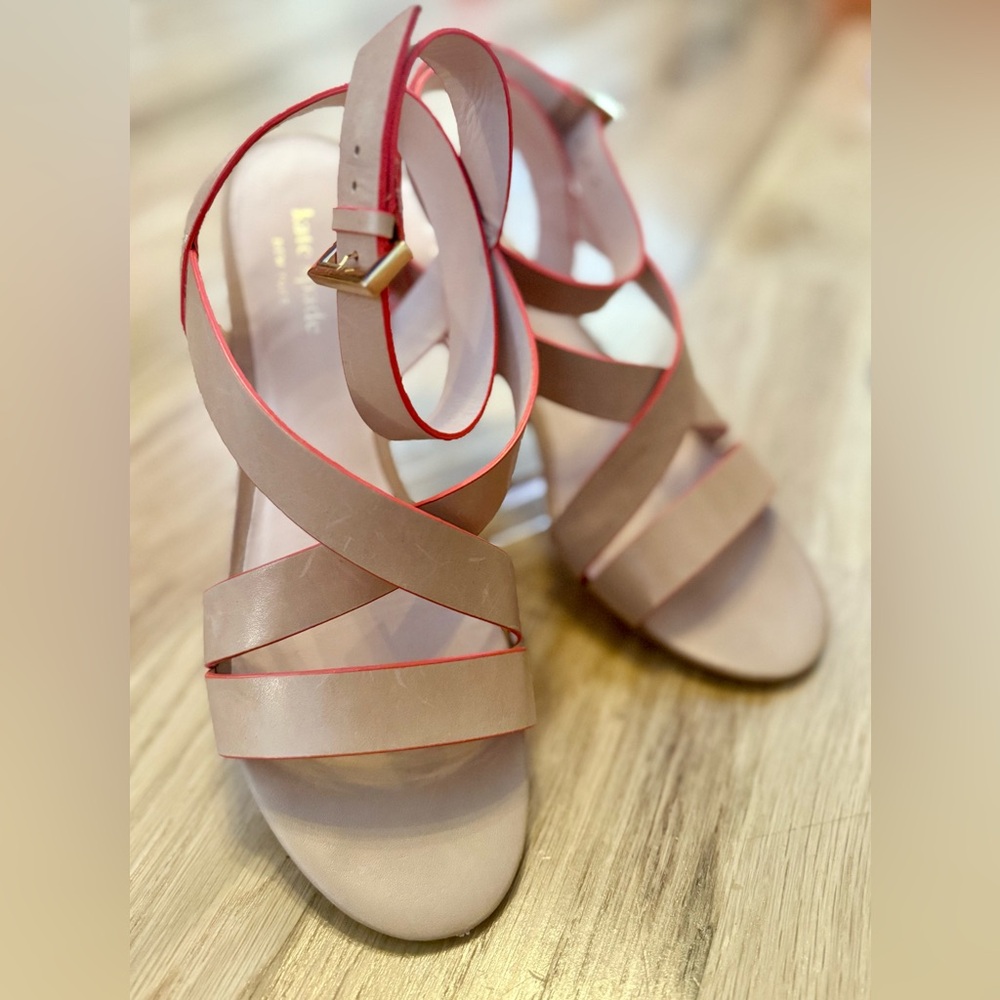 Kate Spade Tan and Coral-Trim Leather Strappy Heels